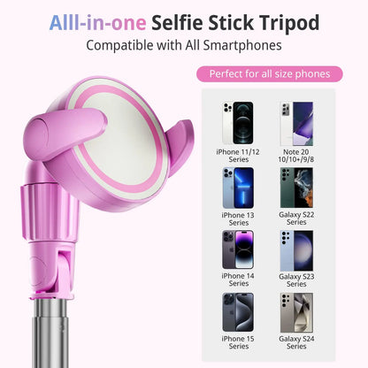 Magnetic Tripod for iPhone with Remote, Extendable MagSafe Phone Stand & Selfie Stick, Aluminum Portable Bluetooth Smartphone Tripod for iPhone & Android